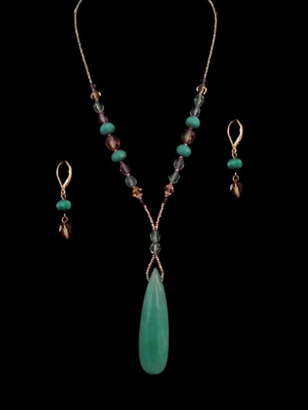 Handmade Multi-Beaded Green Quartz Pendant Necklace & Matching Earrings